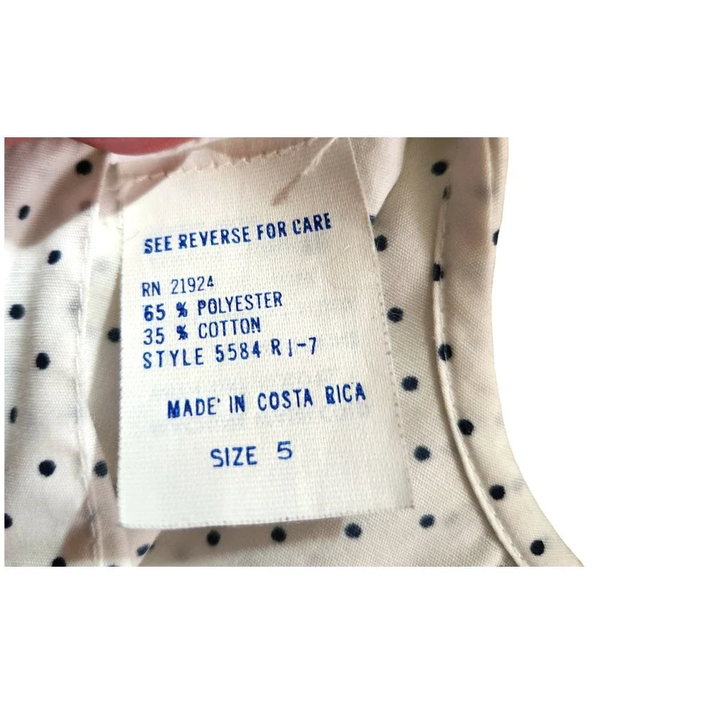 Vintage Polly Flinders Dress White w/ Blue Polka Dot Smocked Front Girls Size 5